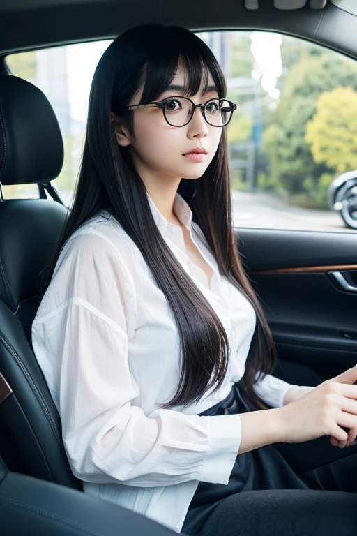 Beautiful Japanese woman driving a car、Black Hair、Beautifully straight long hair、Black-rimmed glasses、Angle from the passenger seat