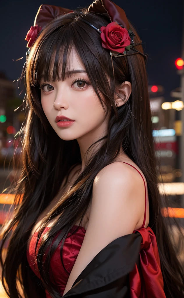 1girl, Tokyo street,night, cityscape,city lights, upper body,close-up, 8k, RAW photo, best quality, masterpiece,realistic, photo-realistic,headgear of red rose, parted bangs, long hair,