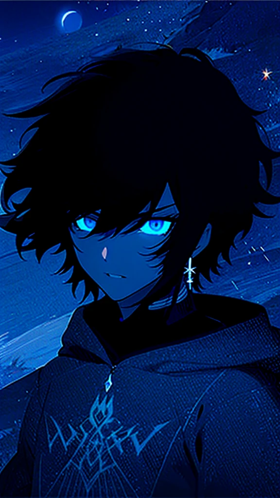 1 teen boy, scruffy black hair, bangs, Blue eyes, moon, dark night, long earrings, black hoodie, blue horns, great sword on the back, looking at viewer, upper body, fantasy aesthetics, highly detailed,