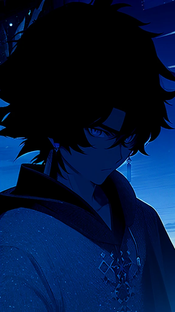 1 teen boy, scruffy black hair, bangs, Blue eyes, moon, dark night, long earrings, black hoodie, blue horns, great sword on the back, looking at viewer, upper body, fantasy aesthetics, highly detailed,