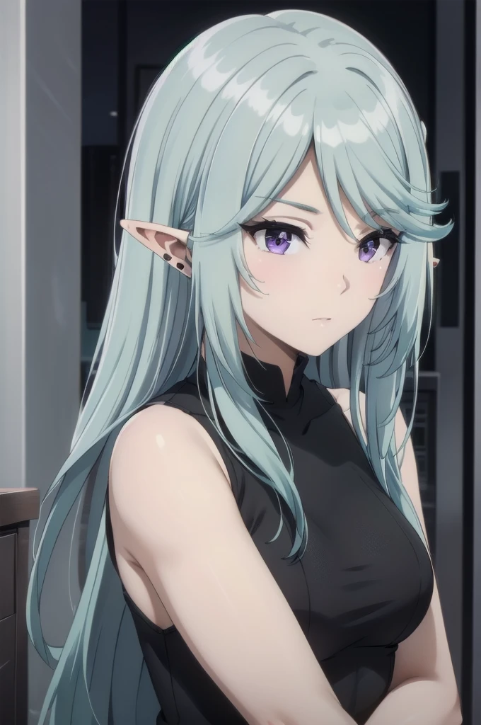 best quality, blue hair,,long hair,purple eyes,pointy ears,elf,,masterpiece, highres, solo