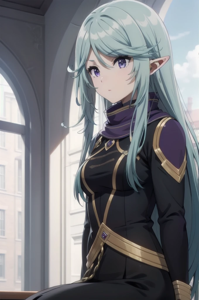 best quality, blue hair,,long hair,purple eyes,pointy ears,elf,,masterpiece, highres, solo