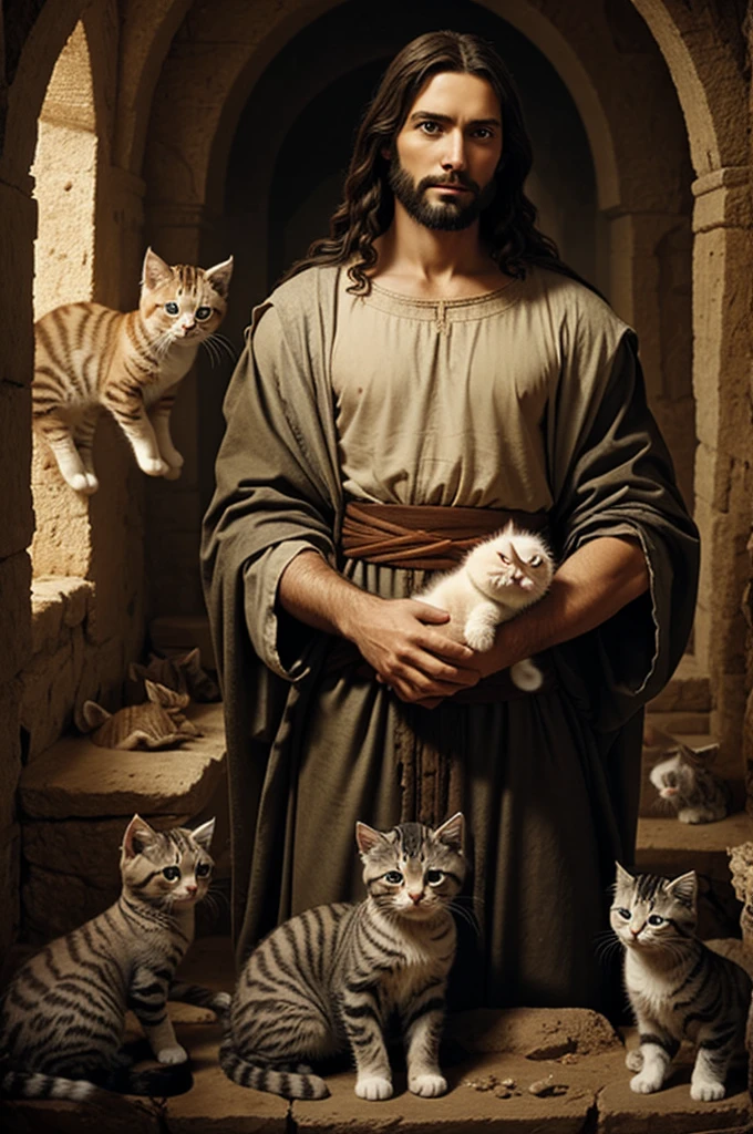 Jesus of Nazareth surrounded by kittens
