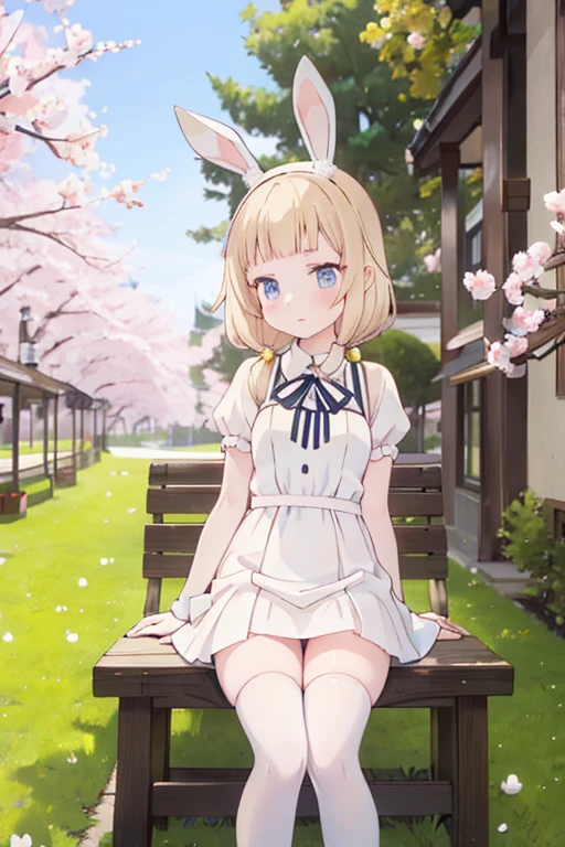 Blonde girl with white bunny ears in a white dress with white shoes and white knee socks against a background of sakura trees