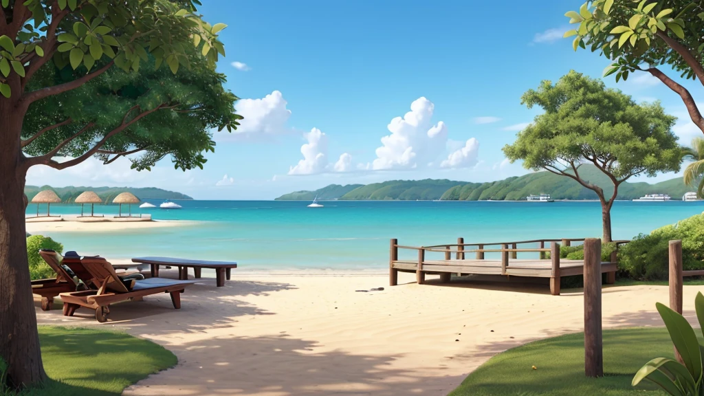 a spot on the beach. away from the sea. a wooden pier. branches and green trees. blue sky.