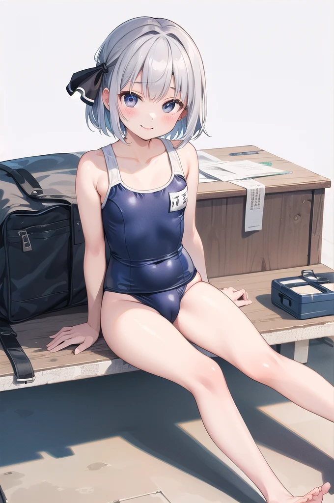 (((((whole body)))))、Youmu,Navy blue one-piece school swimsuit 、smile,、Cowboy Shot、Sitting on the floor、With legs apart、Simple Background、