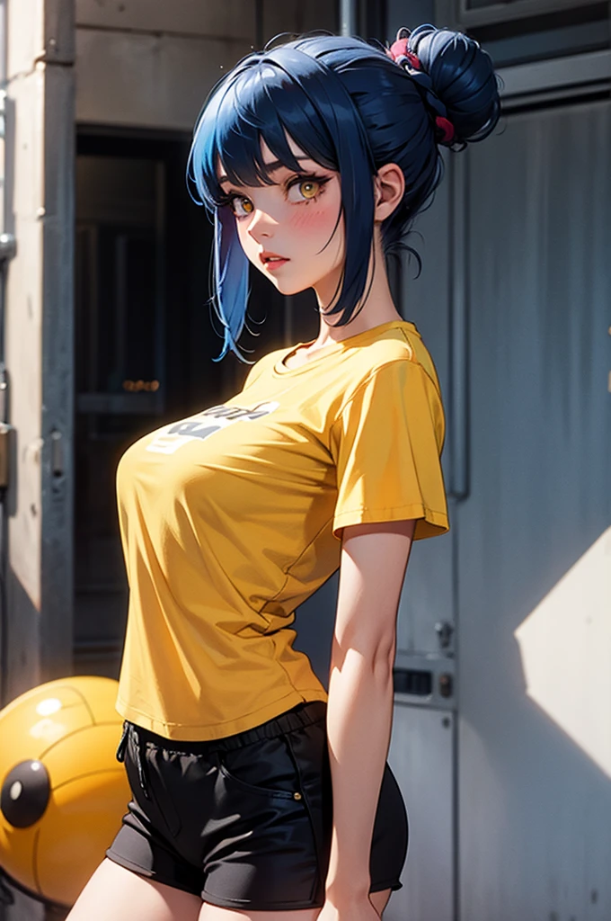 A blue-haired, Hair tied back into a round bun. yellow-eyed, blushing Wear a normal t-shirt. black shorts