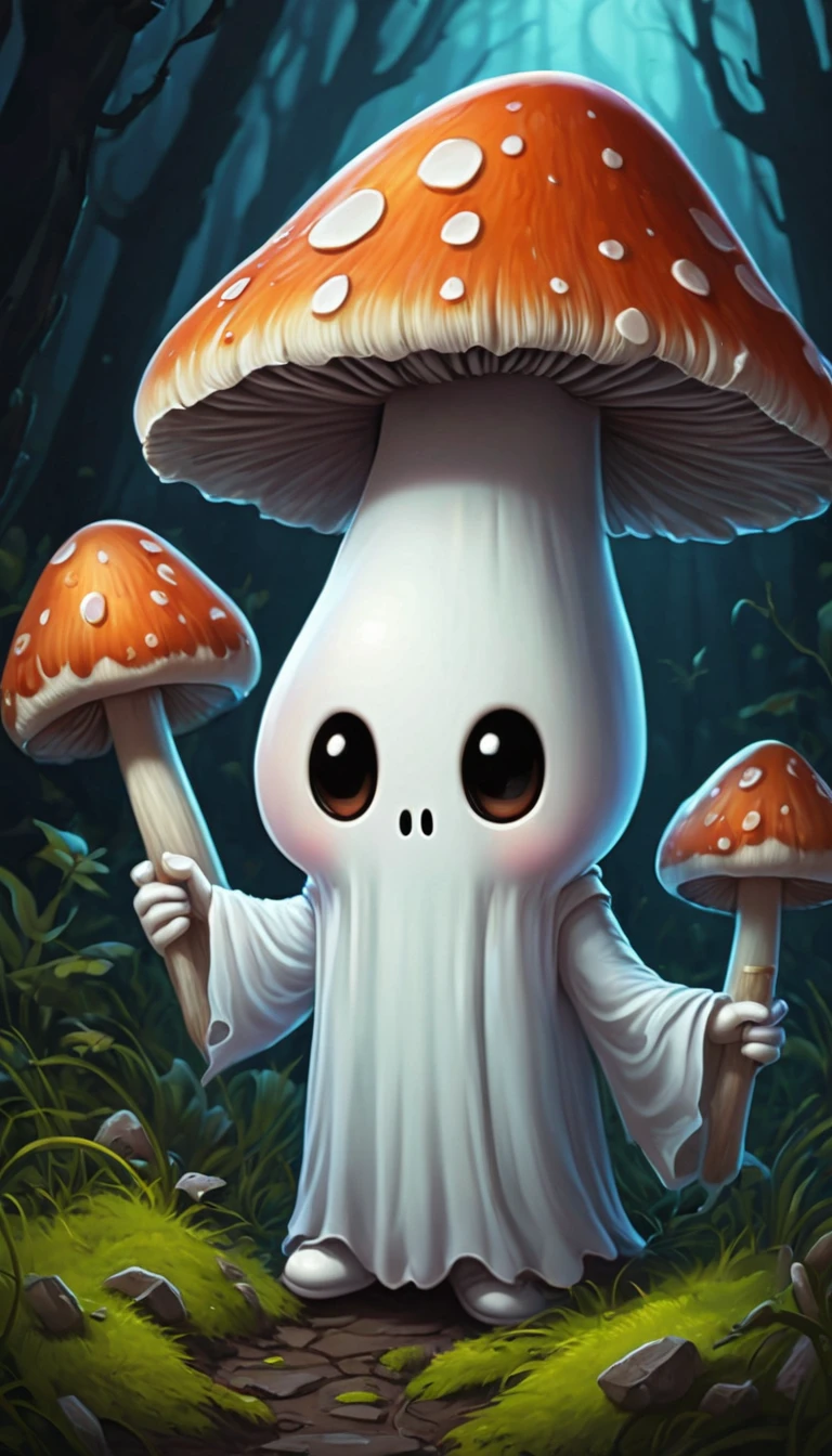character,Cute mushroom ghost,simple,masterpiece, Highest quality:1.4) , Comic book cover art, Graphic Illustration, Very detailed, High level of expertise, Ciarroscuro, Extremely modest, dark palette, Exposure , View your viewers