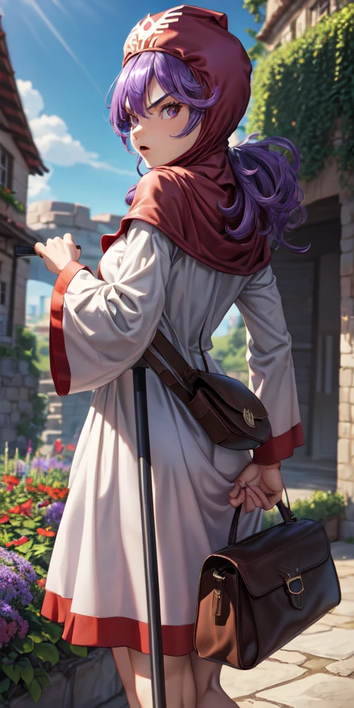 masterpiece, best quality, 4k, 8k, dqPom, red hood, purple hair, robe, cowboy shot, standing, holding staff, sky, garden, looking at viewer, from below, angry 