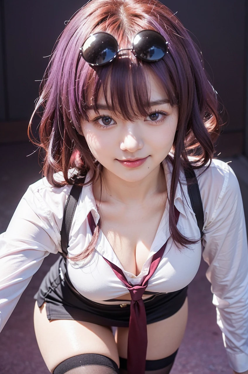 Beautiful Japanese Waifu, early 30s, purple hair, tight white shirt,purple tie, black mini skirt,