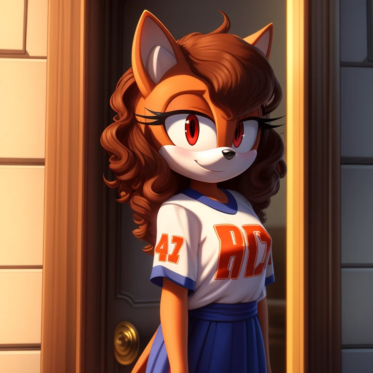 mobian, solo, hedgehog, two-tone fur ((orange fur, brown fur)), wearing an Oversized American Football shirt, stepping out of a Bentley, two-tone hair (brown hair, black tip)), curly hair, halo, sunglasses, jewelry, red eyes, longeyelashes, red eyes, smile, shy, blush, she's at the palace, with servants waiting at the door, high detail, masterpiece, UHD, anatomically correct, super detail, highres, 4K