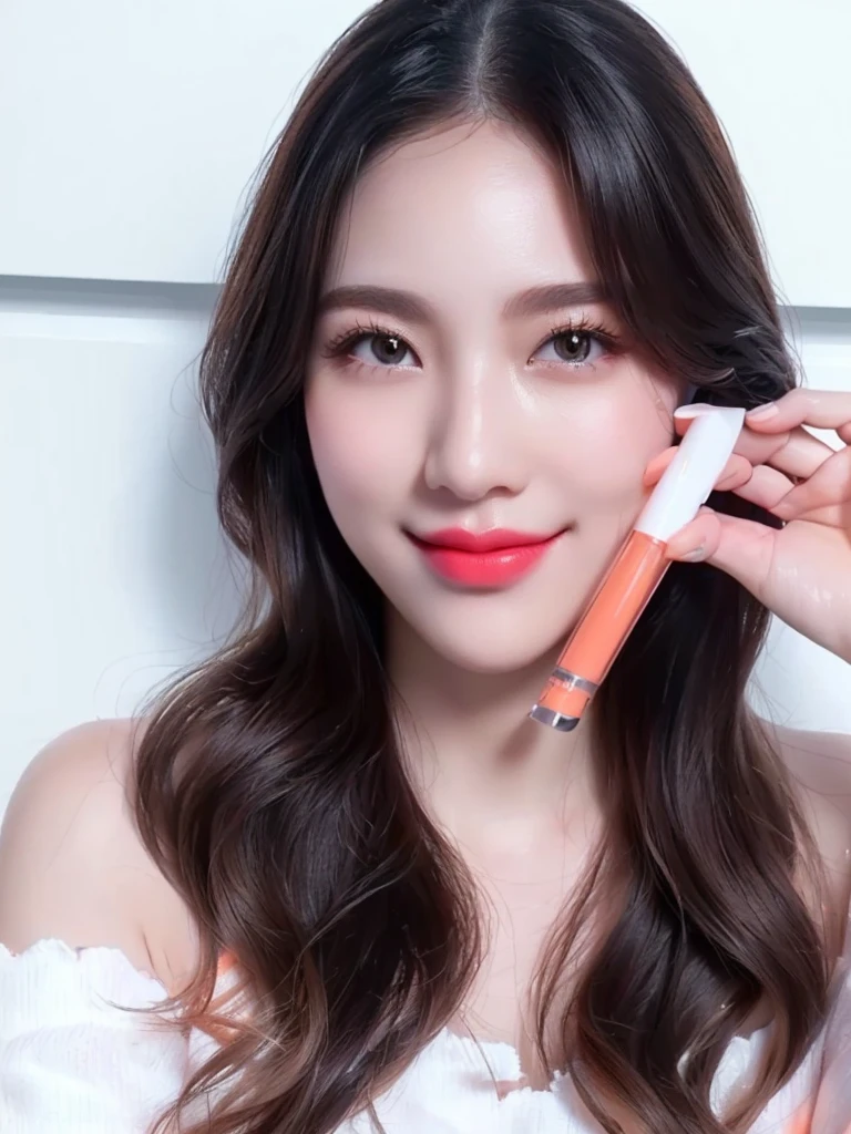 woman holding a lip bale in front of her face, lipgloss, putting on lipgloss, coral lipstick, eora, (light orange mist), 8k)), The lipstick remains in its original form, cool and bright tint, glowing peach face