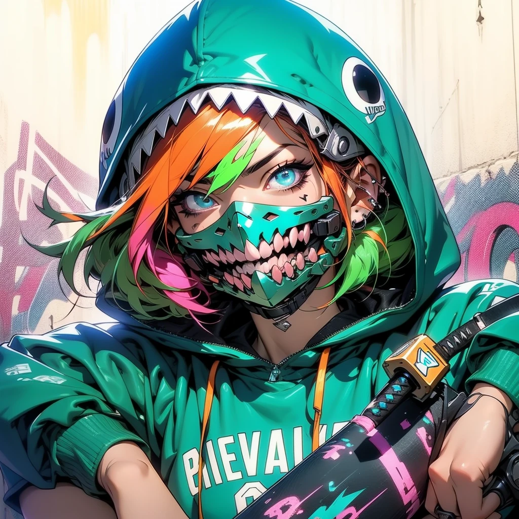 Ultra HD, anime realistic. Badass South Asian teen girl with short, windblown black hair and piercing electric blue eyes. Smirking confidently, she leans against a graffiti-covered wall in a neon-lit cyberpunk alleyway. Clad in a black tactical outfit with exposed arm guards, she grips a glowing katana at her side.