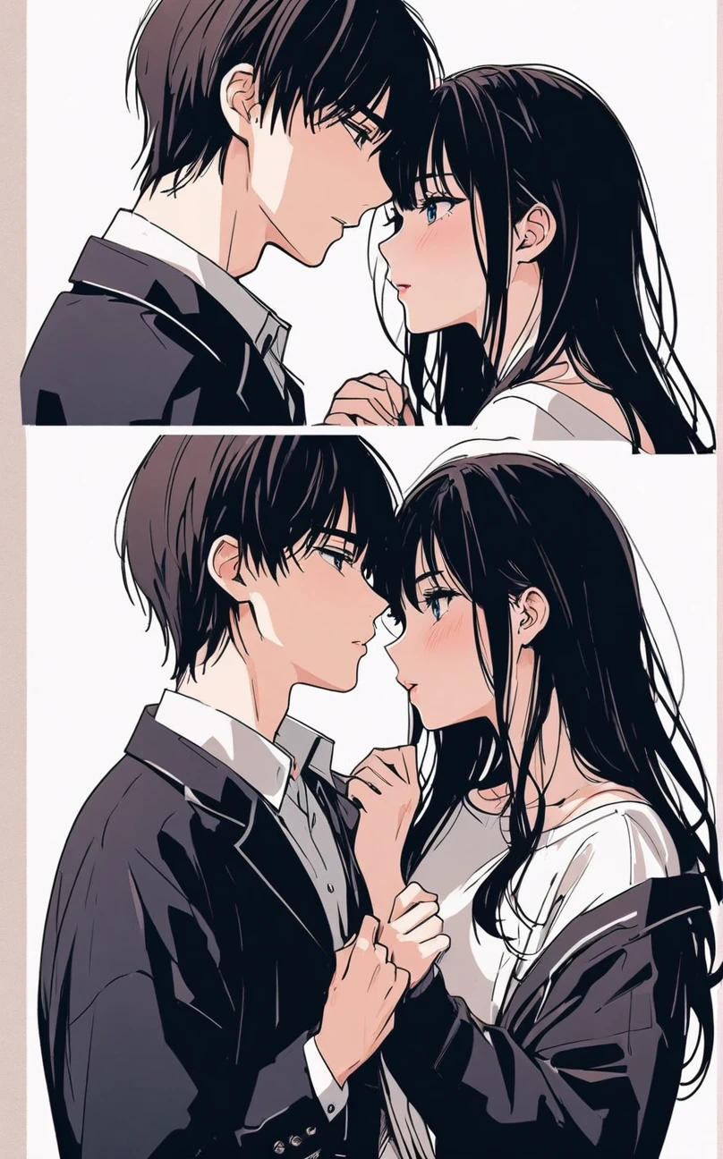 Vector, 8k, high resolution, high quality, romantic couple, lovers , just like in manhwa , young couple, high school, college, rich, romance, eyes open and looking at each other, about to kiss