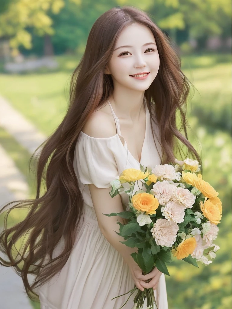Create an image of a young woman around 25 years old, inspired by the provided image. The woman should have long, flowing hair and a gentle smile, holding a bouquet of flowers similar to the one in the reference. The setting should be a beautiful outdoor environment with greenery in the background, reminiscent of a sunny day. The woman should have a slightly more mature appearance while maintaining a warm and friendly expression. Ensure the lighting and color tones are soft and natural, highlighting her youthful yet mature beauty.