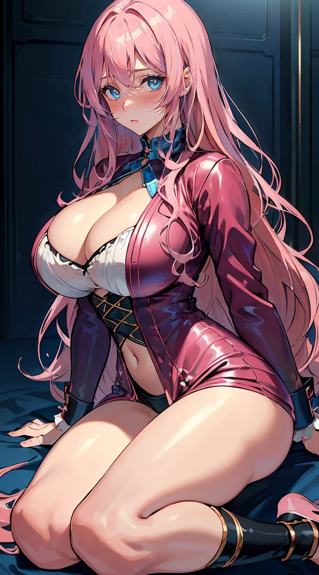 handsome WOMAN,blue-eyes,blue pupils,Long pink hair,Hyperresolution,accuracy,Detailed rendering,(Subtle facial image)(Image of fine hair)(topquality)(Masterpieces of masters)(High degree of completeness)(A sense of atmosphere)tmasterpiece,Super detailed and super detailed(half-body portrait), long wavy pink hair, (((tHICK WAVY HAIR)))(((ANKLE LENGTH HAIR)))(((Blushing)))(((Huge breasts)))(((LARGER BREASTS))) large breasts, bigger breasts (((Bigger breasts))) (((Blushing))) (((Sakimichan))) (((Pink hair))) (((Rockstar outfit))) (((Leather outfit))) (((Rockstar)))