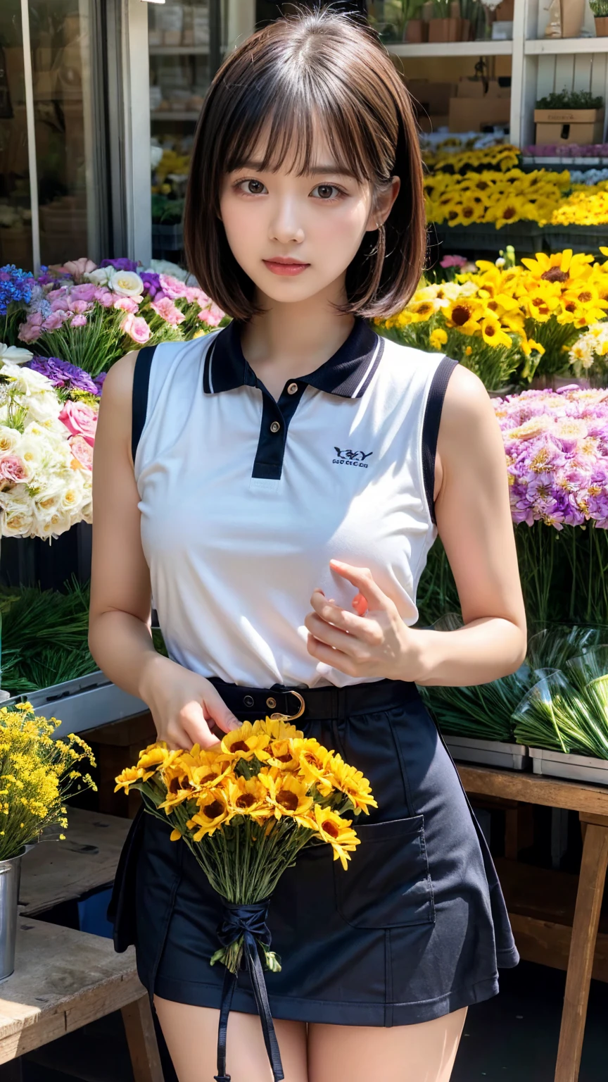 (masterpiece:1.3, top-quality, ultra high res, ultra detailed), (realistic, photorealistic:1.2), beautiful illustration, perfect lighting, natural lighting, colorful, depth of fields, ,
beautiful detailed hair, beautiful detailed face, beautiful detailed eyes, beautiful clavicle, beautiful body, beautiful chest, heavy chest, beautiful thigh, beautiful legs, beautiful fingers, shiny skin,
looking at viewer, 1 girl, japanese, 22 years old, (perfect anatomy, anatomically correct, super detailed skin), cute and symmetrical face, babyface, perfect face, perfect eyes, perfect fingers,
(short bob hair, straight hair, hair slicked back:1.6, blue hair), parted bangs, dark purple eyes, big eyes, drooping eyes, long eyelashes, faint lips, ((saggy breasts), Don't expose it, seductive thighs), outstanding style,
(detailed cloth texture, break, sleeveless collared polo shirt, tight skirt, black apron), break,
(beautiful scenery), ((behind flower shop:1.5)), standing, ((hold a big bouquet:1.2)), (parted lips),