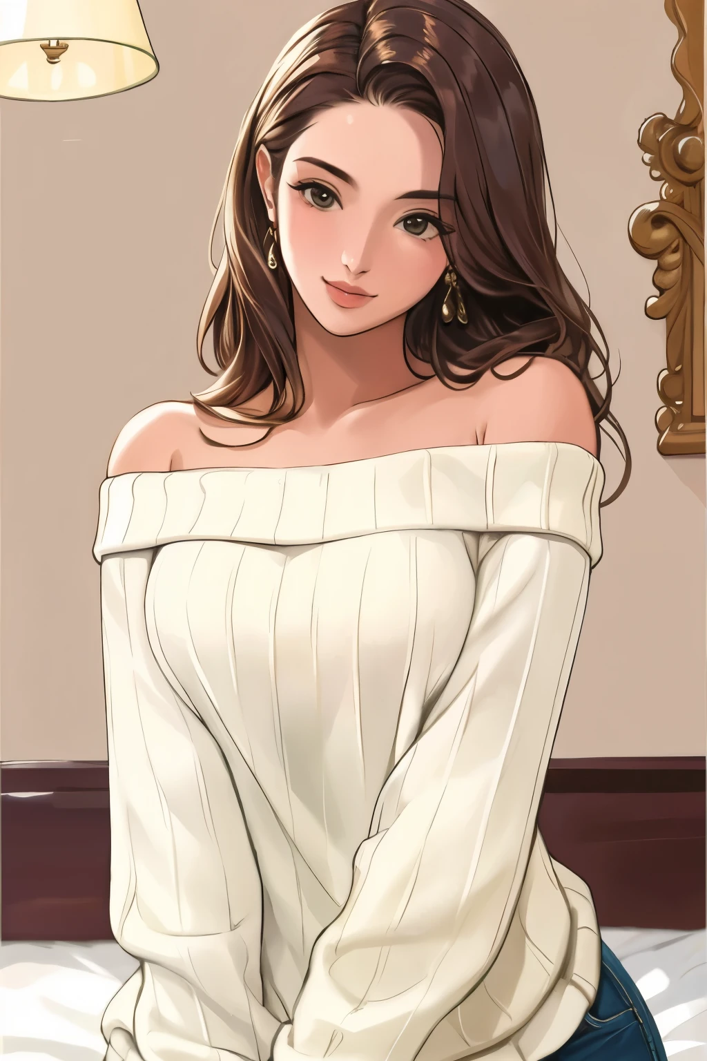 ((best quality)), ((masterpiece)), (detailed), 1girl, off-shoulder sweater,