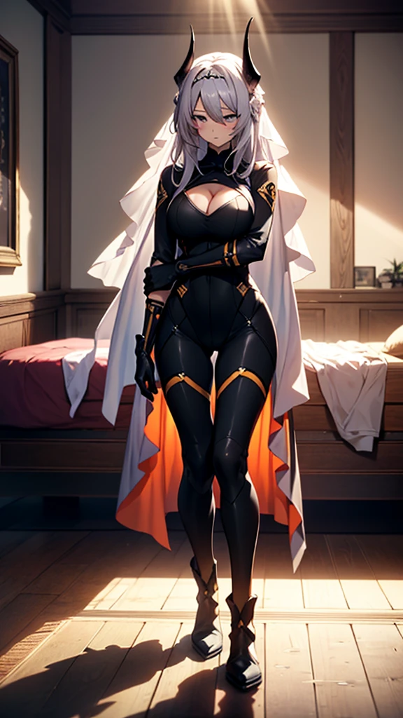 (full body),masterpiece，Highest quality, Cowboy Shot，Kung Fu Pose，Beautiful and exquisite body,Horn, tiara, Veil,(A body-hugging enamel bodysuit，Rubber Suit， Black bodysuit, Scapula, Long sleeve, Cleavage cutout, Black gloves, Black overskirt, Black trousers)，Show me your boots，leotard，elegant, 1 Girl, cute, Blushed, Beautiful Eyes, Beautiful background, Particles of light, Light of the sun, Dramatic lighting, outside, Shiny, Realistic,  Highest quality, Very detailed, Get used to it, scenery, Beautiful and exquisite, Thin Hair，Full Body Shot，Lie down on the bed，room，