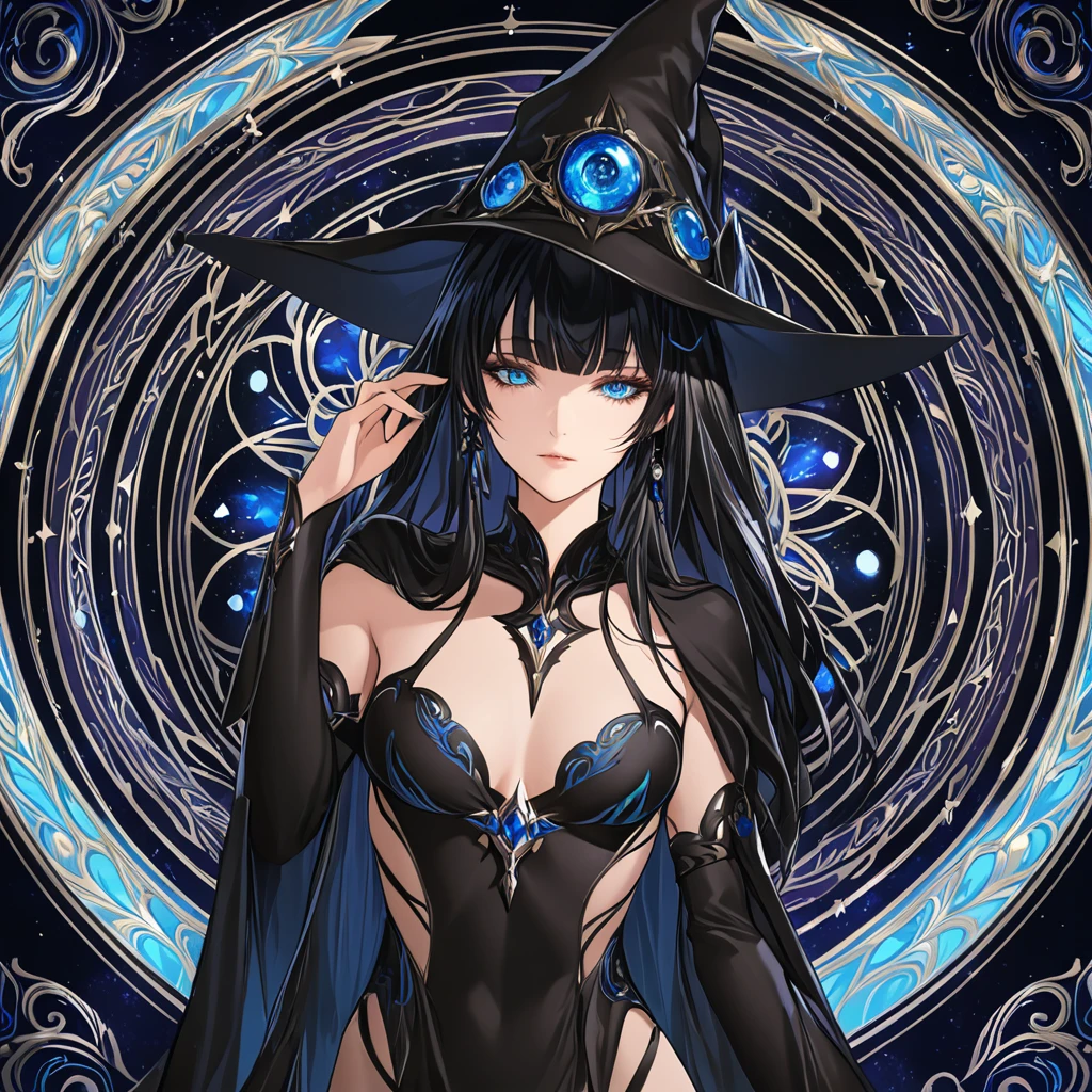 masterpiece, best quality, 1woman adult, female focus, solo, black hair, vibrant blue eyes, long hair, looking at viewer, closed mouth, bangs, Fantasy aesthetics, Highly detailed, shadowverse style, black attire, sorceress