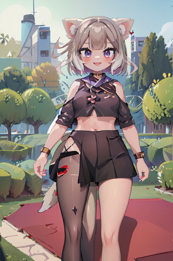 (masterpiece, best quality:1.2), cowboy shot, solo, 1girl, yozuna niu, smile, looking at viewer, black shirt, crop top, black skirt, single leg pantyhose, tail