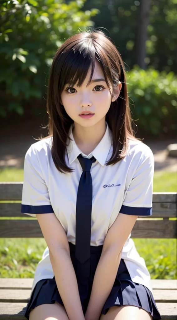 (masterpiece, Highest quality:1.2), 8K, 15 years old, 85mm, Official Art, RAW Photos, Absurd, White dress shirt,Young face, close, Upper Body, Violet, Gardenias, beautiful girl, , (Navy pleated mini skirt:1.3), Narrow waist, Thighs, Short sleeve, Forest Park, sit on bench seat, No makeup, (smile:0.4), Film Grain, Color Difference, Sharp focus, Face Light, Bright lighting, Teen Uncensored, Detailed face, Bokeh Background, (Dark red tie:1.1)