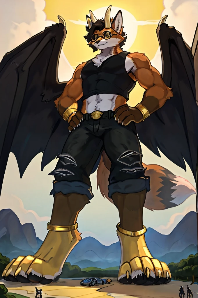 birds-eye view, macro furry,anthro, fox, fox ears,fox tail, dark black fur, short wavy hair, black sclera, gold pupil, horns, wings, pawpads, gold pawpads, tall, handsome, sexy, slim, twink, femboy, standing over a tiny continent on earth, looking down at ground, hands on hips, wearing round gold glasses, black cropped tank top, black rolled up ripped denim jeans, gold anklets,
sunny day, giant attacking tiny continent, giga-sized character, size difference, macro, macro furry, digitigrade, digitigrade stance,