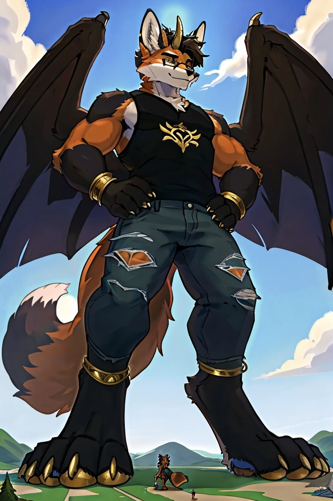 birds-eye view, macro furry,anthro, fox, fox ears,fox tail, dark black fur, short wavy hair, black sclera, gold pupil, horns, wings, pawpads, gold pawpads, tall, handsome, sexy, slim, twink, femboy, standing over a tiny continent on earth, looking down at ground, hands on hips, wearing round gold glasses, black cropped tank top, black rolled up ripped denim jeans, gold anklets,
sunny day, giant attacking tiny continent, giga-sized character, size difference, macro, macro furry, digitigrade, digitigrade stance,
