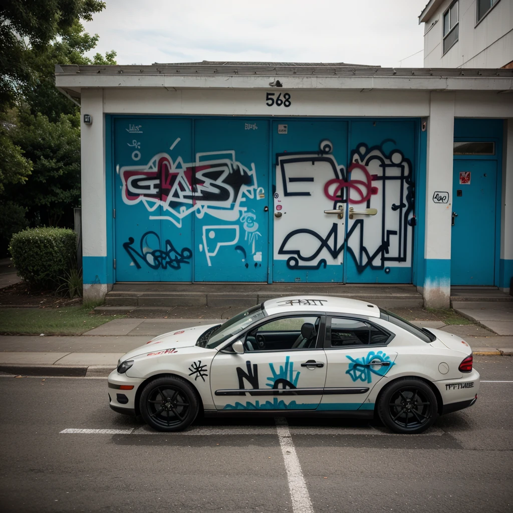 A car in which there is graffiti on the door