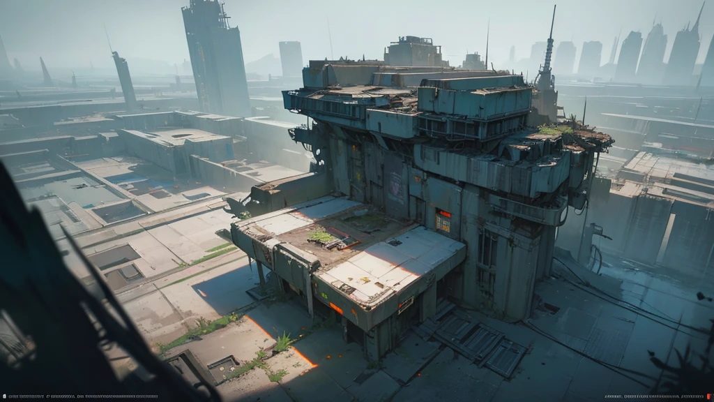 detailed futuristic abandoned cosmodrome, top-down view, cyberpunk futuristic RPG scene, highly detailed, cinematic lighting, intricate machinery, dilapidated structures, neon lights, grungy textures, moody atmosphere, dramatic shadows, weathered surfaces, complex architectural design, overgrown vegetation, derelict technology, moody color palette, dramatic camera angle, photorealistic, 8k, best quality, masterpiece