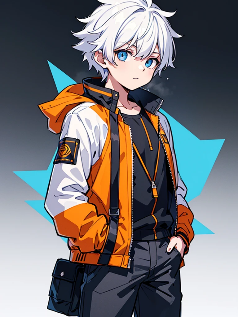 1boy, solo, blue eyes, (detailed eyes), white hair, hair between eyes, (goggles in his head), (waterproof jacket), large jacket, (orange jacket), black tight sleeveless shirt, pants, gray pants, standing, (hands in pockets), (((Closed jacket))), upper body, (white background), Transparent background, looking at viewe, ((masterpiece, illustration, best quality)) 