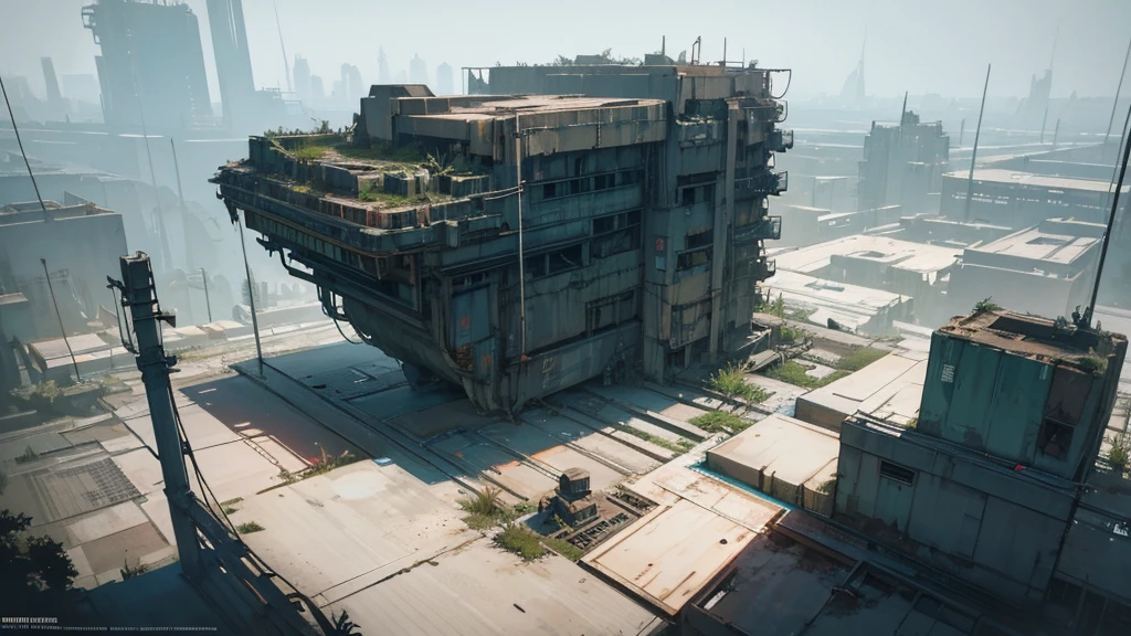 detailed futuristic abandoned cosmodrome, top-down view, cyberpunk futuristic RPG scene, highly detailed, cinematic lighting, intricate machinery, dilapidated structures, neon lights, grungy textures, moody atmosphere, dramatic shadows, weathered surfaces, complex architectural design, overgrown vegetation, derelict technology, moody color palette, dramatic camera angle, photorealistic, 8k, best quality, masterpiece