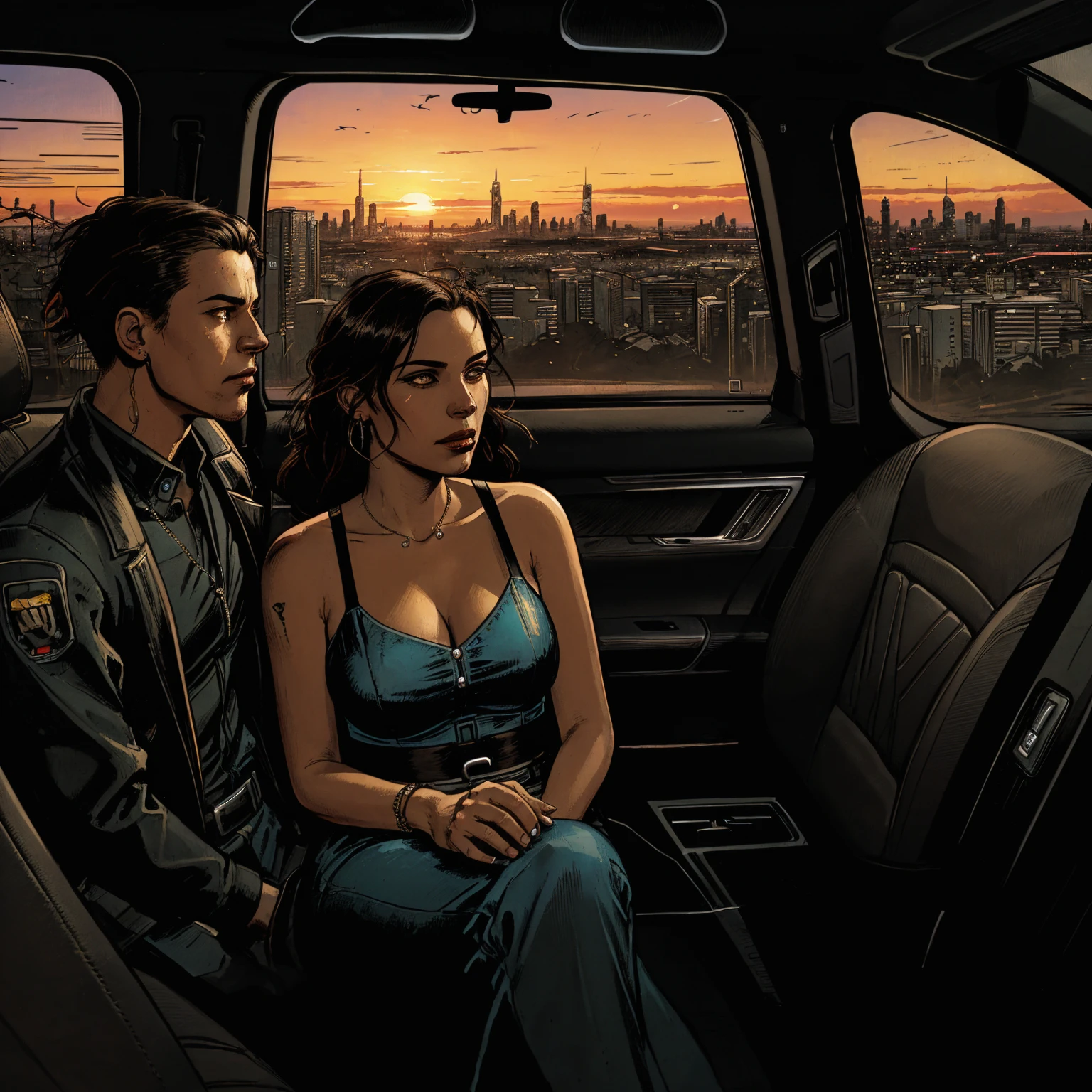 realistic illustration, sunset, cyberpunk city,  (hip hop style), intricate details, cinematic, (in a  car), (car interior), (driving a car),  (car window looking out  with city view), (in a car looking out)