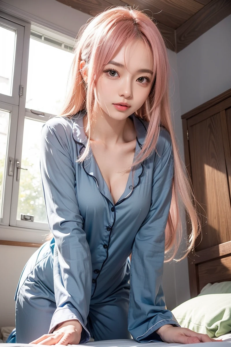 Beautiful Japanese Waifu, early 30s, brunette hair, blue pyjamas, in bedroom, prepare the bed