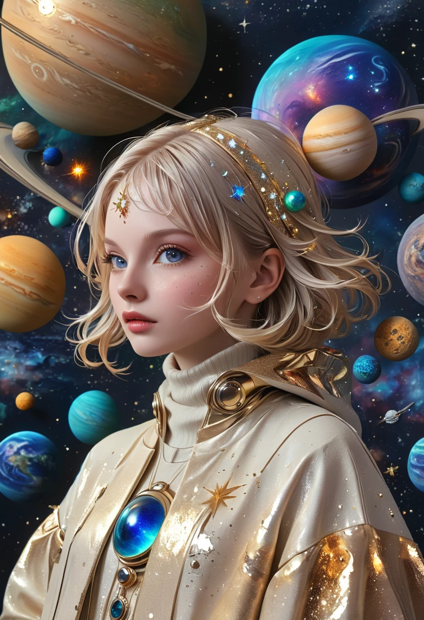 3D，Galaxy Portrait，Complex planet decoration。