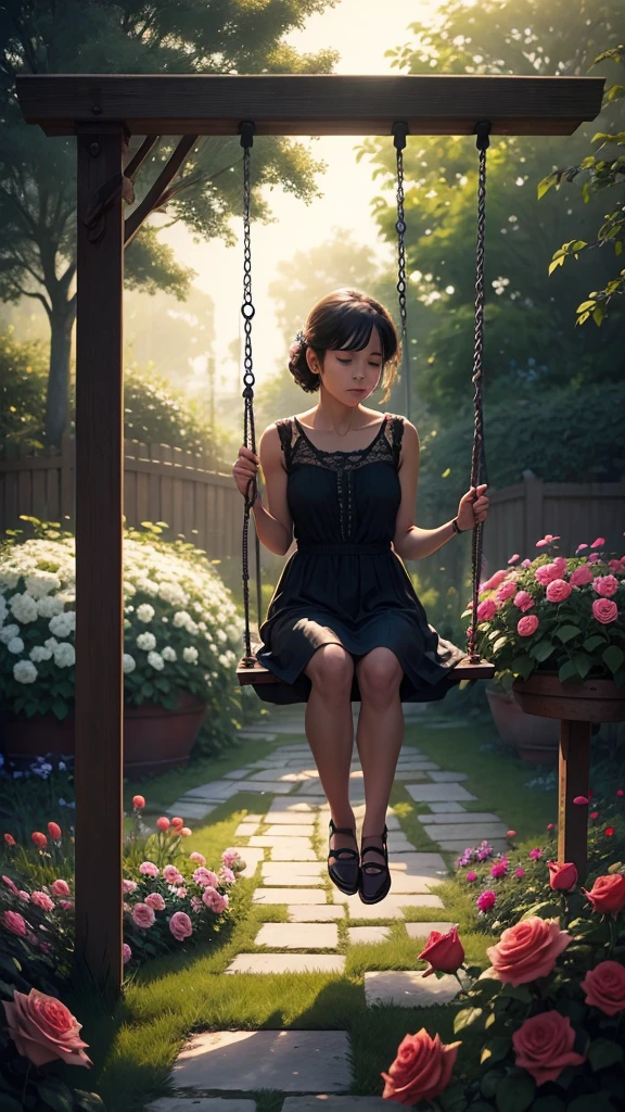   sitting on swing.  Garden background. With rays of the sun among the roses and flowers of that garden.  alone reflecting on the swing.  dark image, tone of loneliness. 