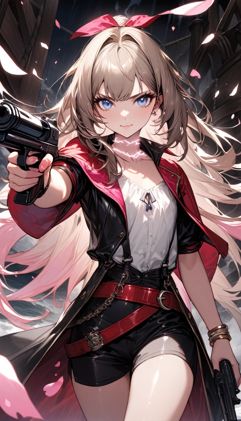 (masterpiece)、(absurdres)、(ultra detailed)、solo lady、dark blonde hair:1.2,(straight long hair)、BREAK、(shiny blue eyes:1.0)、BREAK、(athletic)、[flat chest]、(during:0.9)、(pierce:0.8)、(bracelet:0.7)、pirates costume、Hold a gun and point it at the viewer:1.2、BREAK、(White electric shock effect on neck)、(A large amount of white and pink petals floating in the air:1.2)、Ship and storm background:1.1、BREAK,cowboy shot,serious smile,closed mouth,