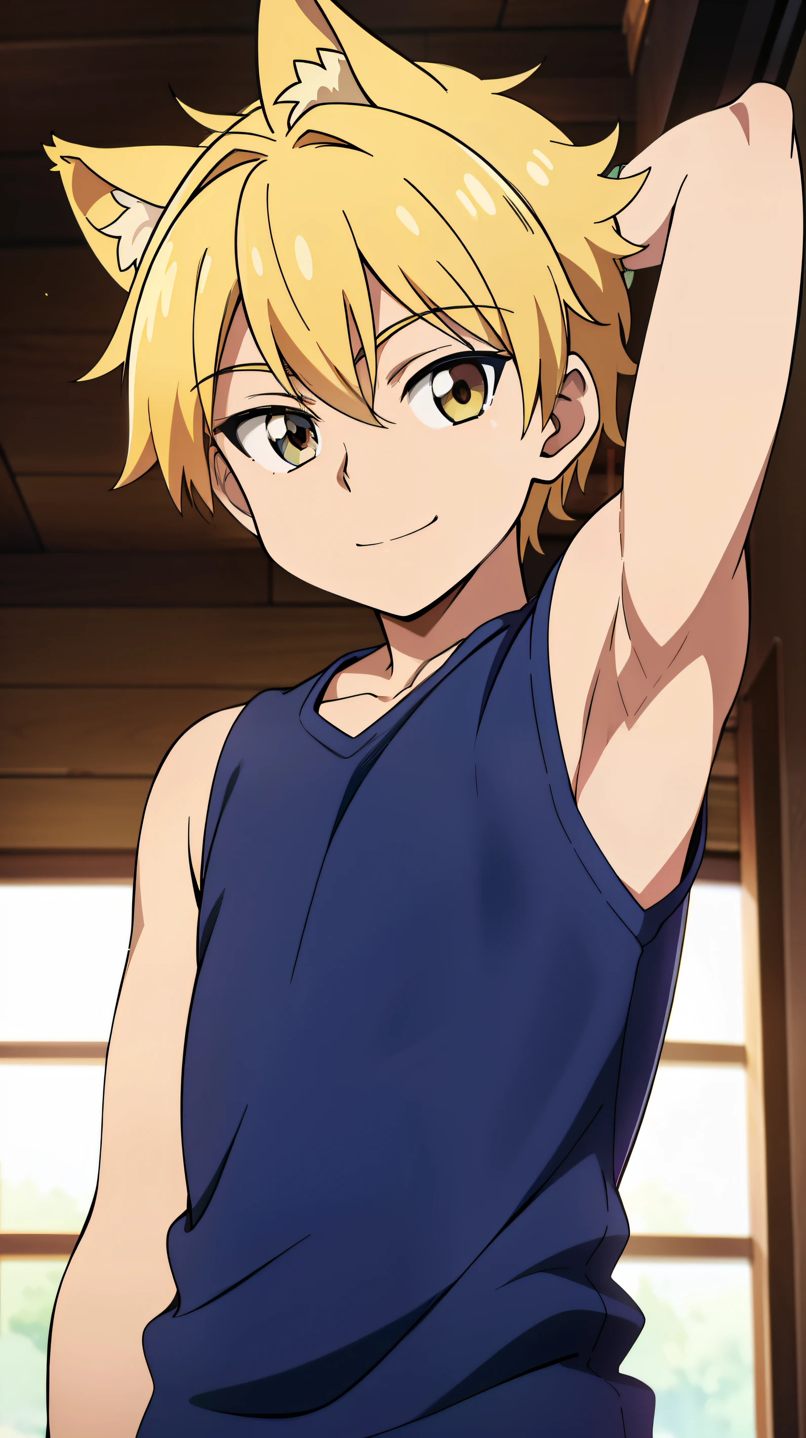 Highres, Masterpiece, Best quality at best,Best Quality,hight quality, hight detailed, Anime style, 1boy, Shota, young boy, Solo person, blonde, smile, Dog boy, Dog ear, Stright hair, upper body, Skinny, Give me a proportional picture of a 12 year old boy's armpits, The armpits of a 12 year old boy, Adorable little armpits, ***************s, uhd, Blurry beckground, bokeh