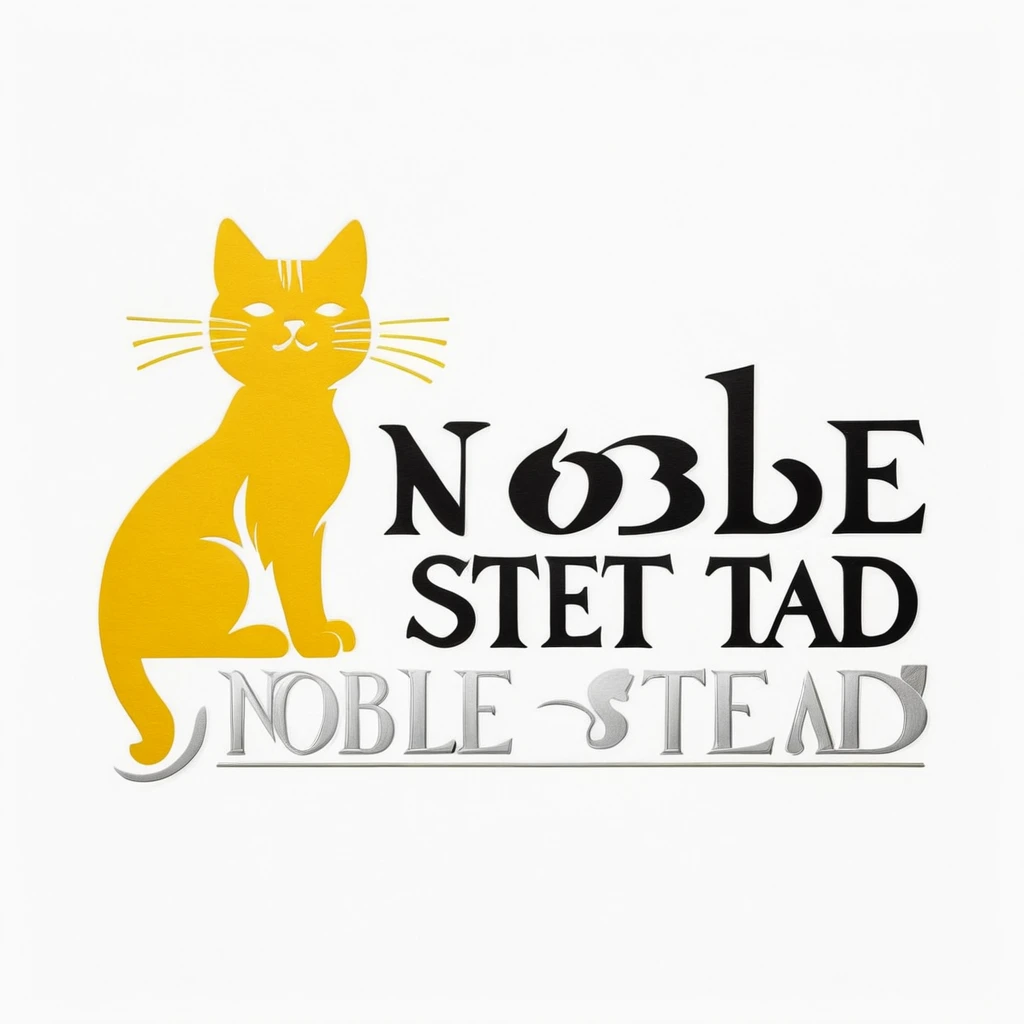 ("Noble stead" text logo:1.5), a cat , side view, white, yellow, silver text, wrapped text, line art, white background