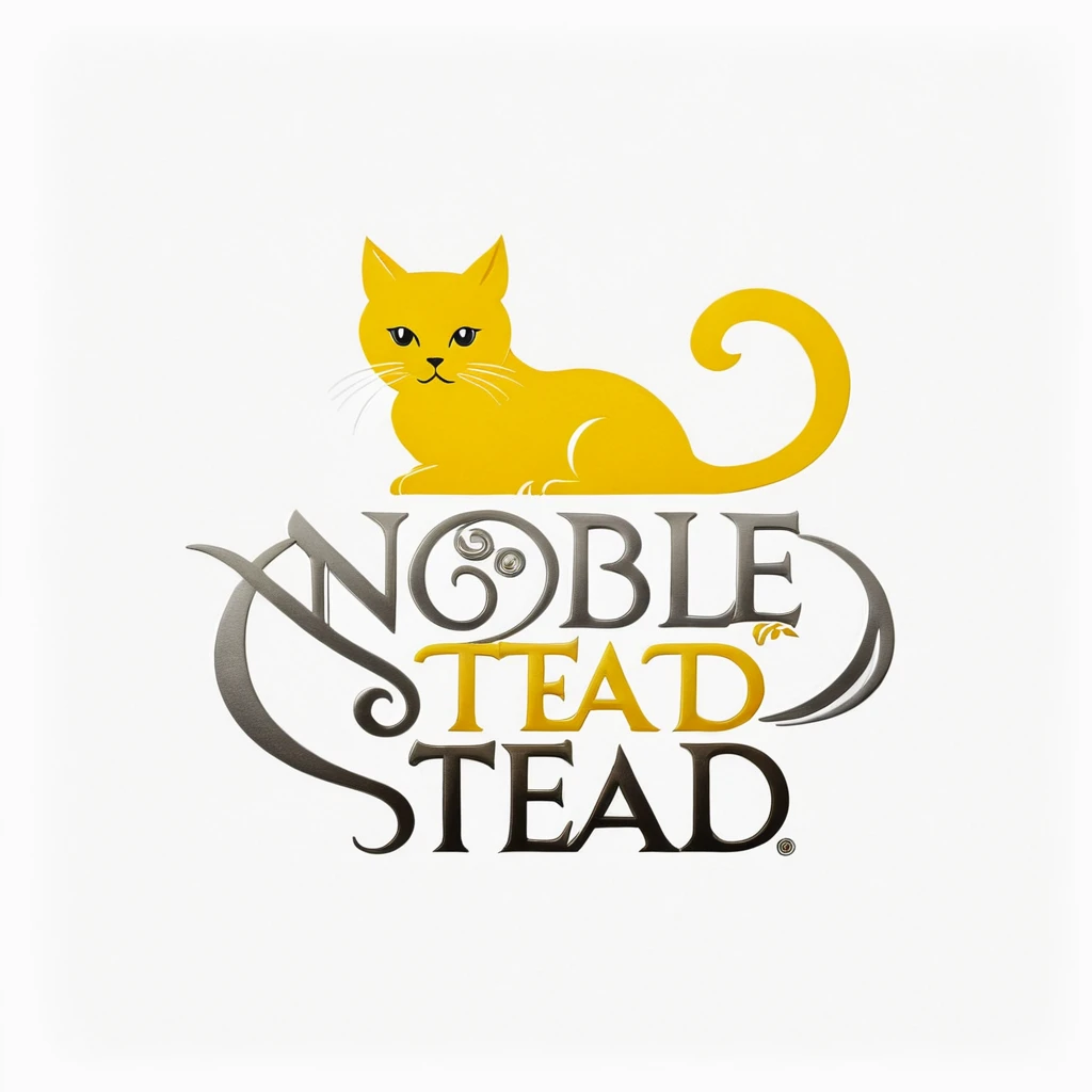 ("Noble stead" text logo:1.5), a cat , side view, white, yellow, silver text, wrapped text, line art, white background