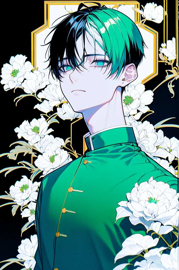 fluorescent green hair , Short ponytail tied down , White eyes , severe dark circles , ADHD , Timid , droopy eyes , white patient gown , psychopath , experiment , experiment체 , Timid , dependent , man , masculine , unhappy , pitiful , pale skin