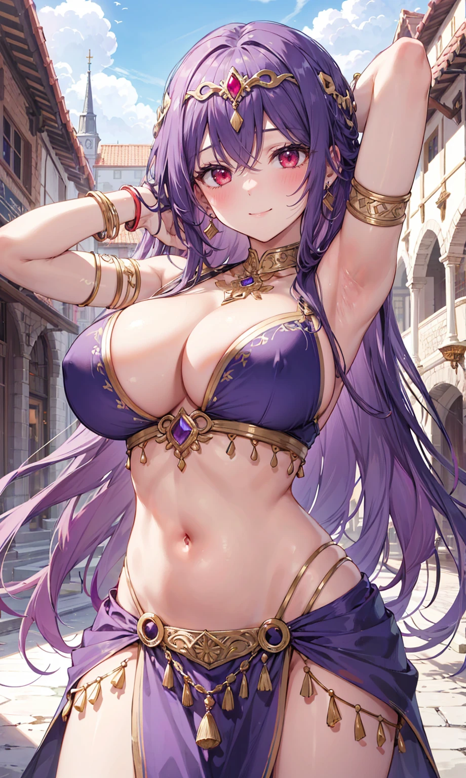 high quality, ultra detailed, best quality, insanely detailed, beautiful, masterpiece, 1girl, medieval plaza, cowboy shot, red eyes, long hair, purple hair, belly dancer, circlet, earrings, armlets, bracelets, bashful smile, large breasts, cleavage, soft stomach