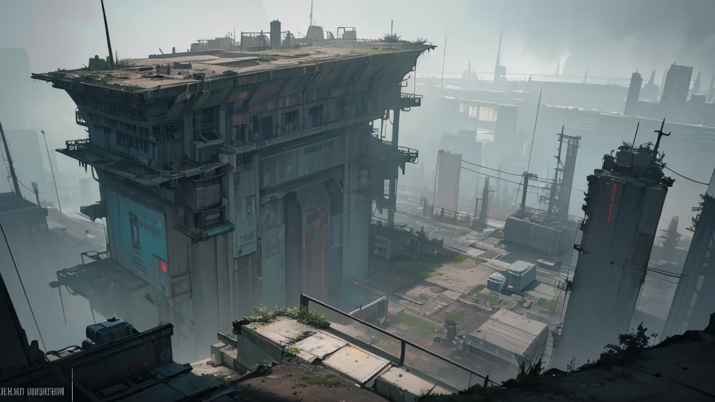 A vast futuristic and abandoned cosmodrome seen from above, cyberpunk style, futuristic RPG setting, Destiny 2 style, intricate details, cinematic lighting, dramatic atmosphere, muted color palette, gritty and industrial, decaying structures, crumbling concrete, rusting metal, overgrown vegetation, atmospheric fog, harsh shadows, neon accents, advanced technology, abandoned control panels, complex machinery, ominous presence, sense of isolation, best quality, 8k, highres, masterpiece, hyper-detailed, photorealistic