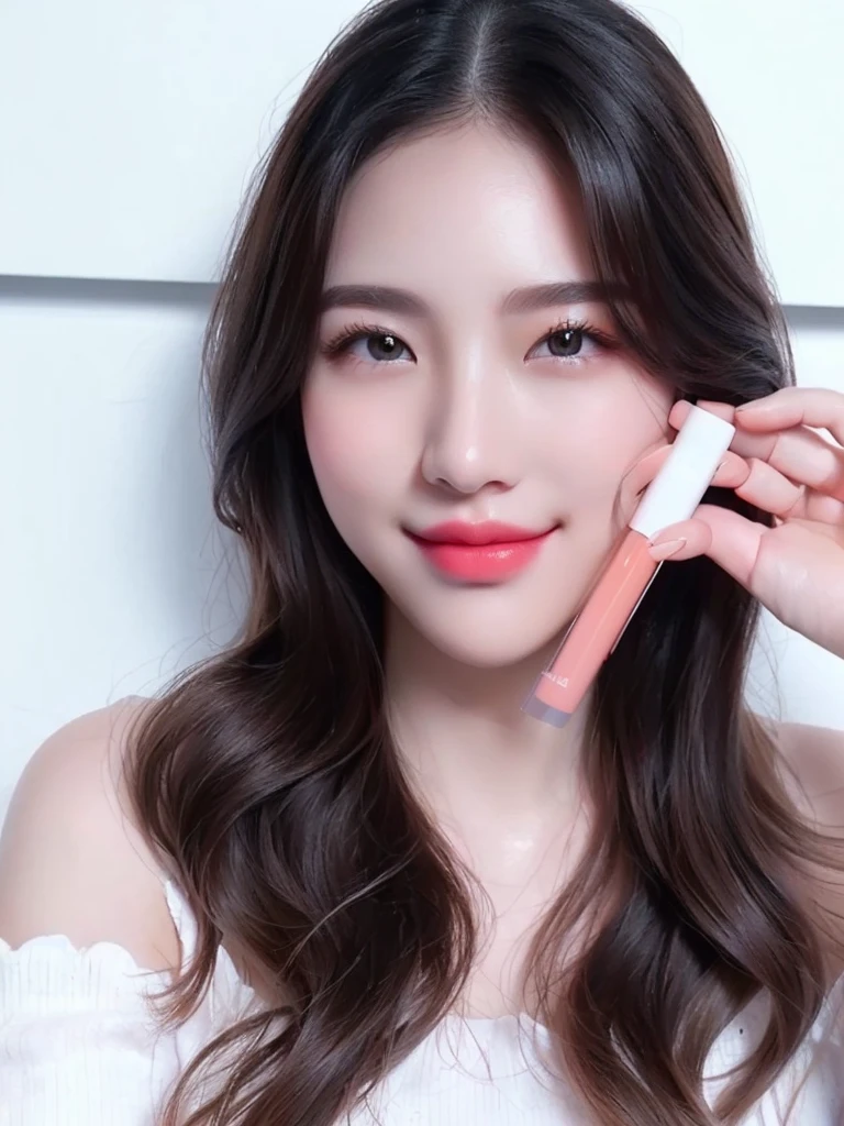 woman holding a lip bale in front of her face, lipgloss, The lipstick product remains in its original form, cool and bright tint, glowing peach face