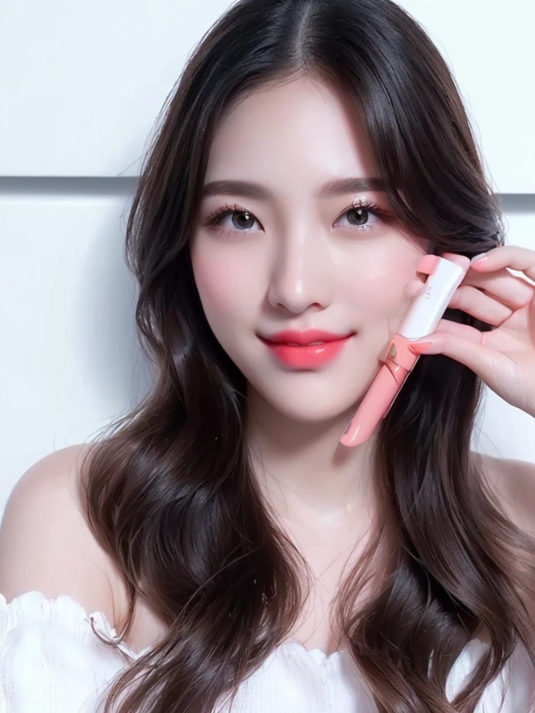 woman holding a lip bale in front of her face, lipgloss, The lipstick product remains in its original form, cool and bright tint, glowing peach face