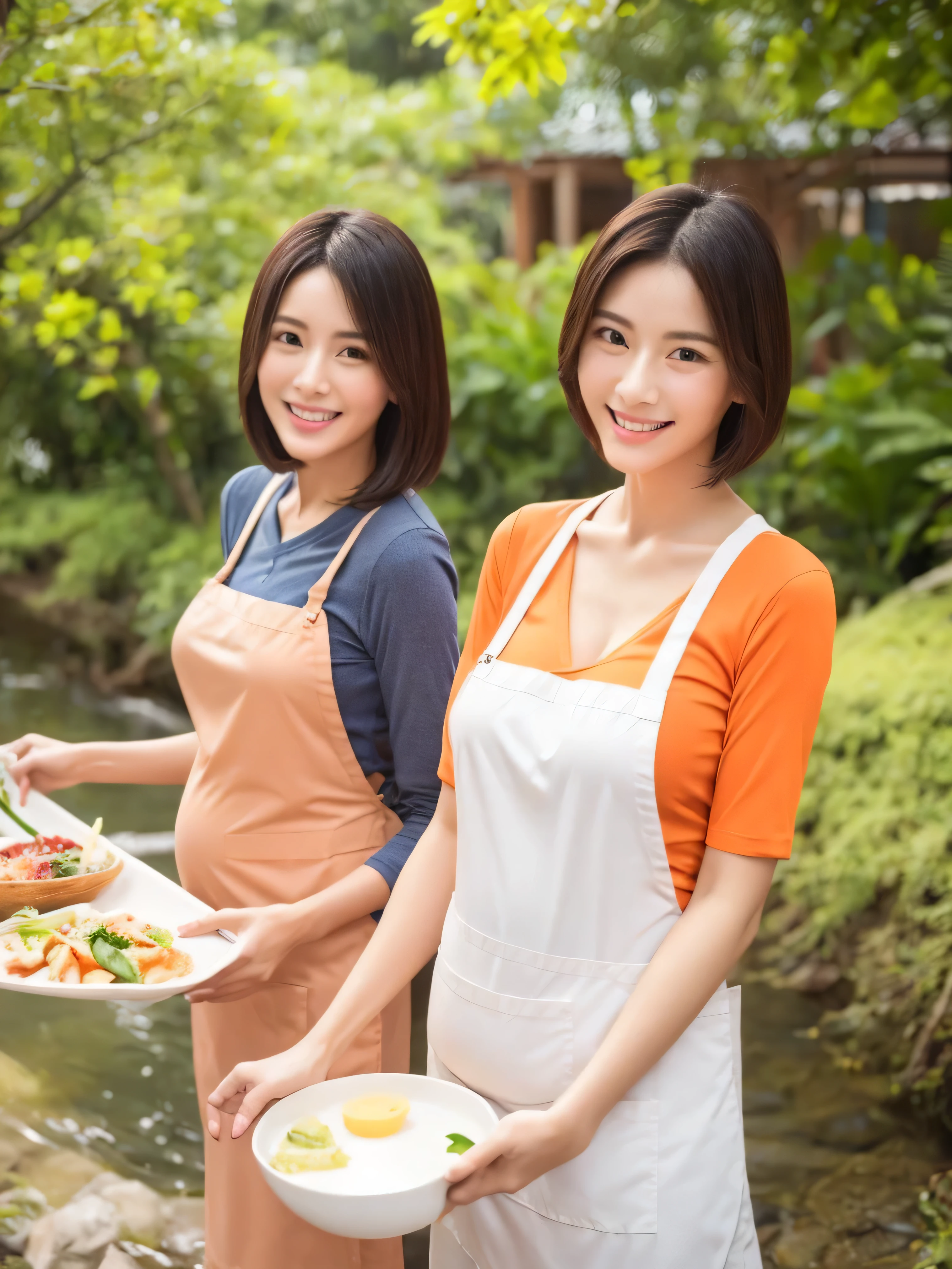 Two gentle and virtuous Chinese、Singapore、Japanese pregnant women、Super Beauty、short hair、Cooking by the creek,Wearing an orange apron,Wear a V-neck long-sleeved T-shirt inside,Holding up the spatula,Cooking,Beautiful woman showing charming smile、White Teeth,Makes women and men like it very much,Big breasts、Double eyelids,Focus、Ultra high definition,Proportionate body,Fair skin,Perfect shape of every body part,Require flawless work