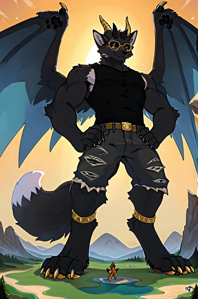 birds-eye view, macro furry,anthro, fox, fox ears,fox tail, dark black fur, short wavy hair, black sclera, gold pupil, horns, wings, pawpads, gold pawpads, tall, handsome, sexy, slim, twink, femboy, standing over a tiny continent on earth, looking down at ground, hands on hips, wearing round gold glasses, black cropped tank top, black rolled up ripped denim jeans, gold anklets,
sunny day, giant attacking tiny continent, giga-sized character, size difference, macro, macro furry, digitigrade, digitigrade stance,