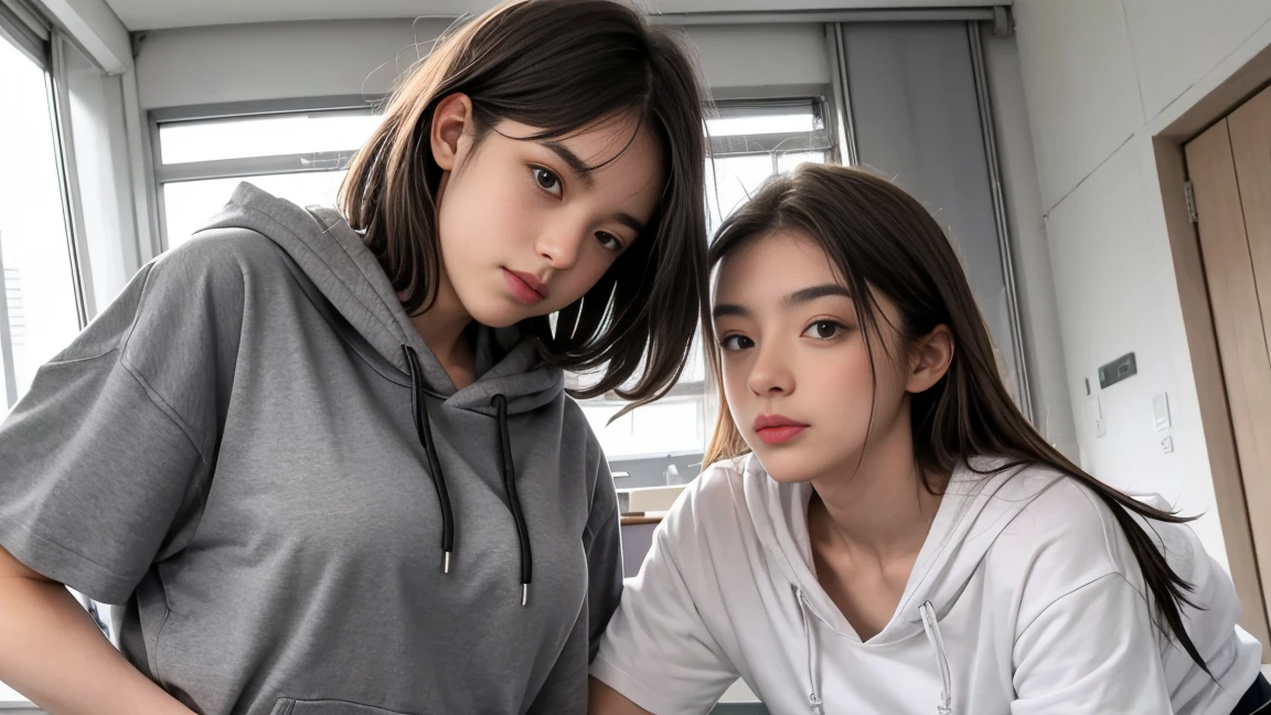 deux femmes ensemble de 18 ans sexy et mince , gray short sleeve hoodie , salle de classe, se touche,position sey,sensuel
