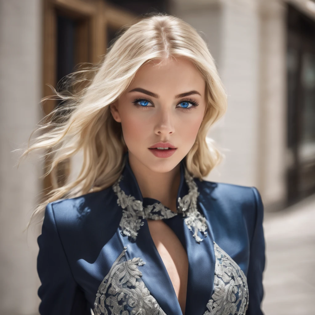 Blonde with blue eyes a little sexy well dressed luxury outfit