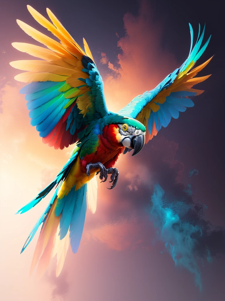 brightly colored parrot flying in the air with its wings spread, parrot, colorful bird with a long, hd illustration, ethereal macaw, 4k high res, pararel, colorful hd picure, parrots, colorful birds, high quality wallpaper, with a white background, a phoenix, tropical birds, flying around the bird, blue arara, amazing wallpaper